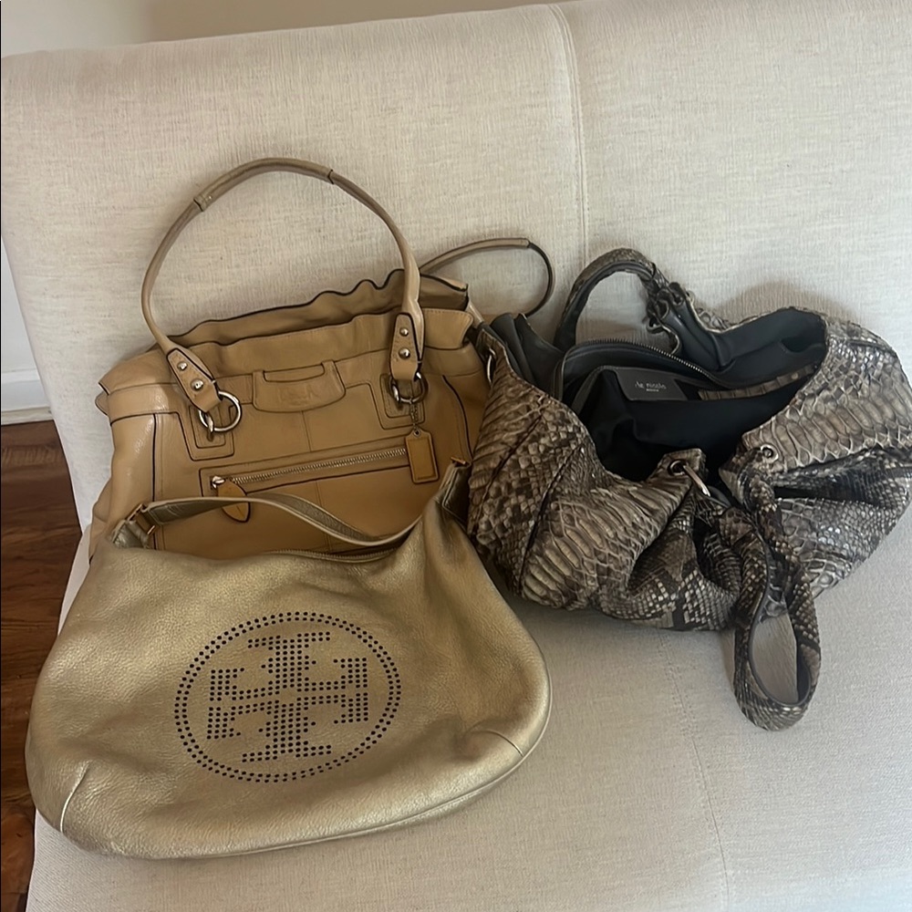 Tory Burch Gold Leather bag, de nicola Roma python bag, Coach bag